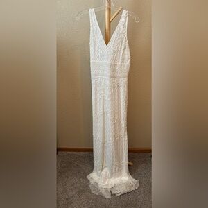Lulu’s Brand Simple Romance White Beaded Sequin Mermaid Maxi Dress, Size Large